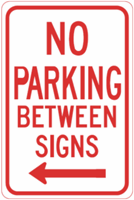No Parking Between Signs with Left Arrow